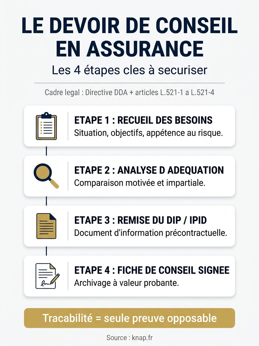 Infographie des 4 étapes du devoir de conseil en assurance : recueil des besoins, analyse, DIP, fiche de conseil