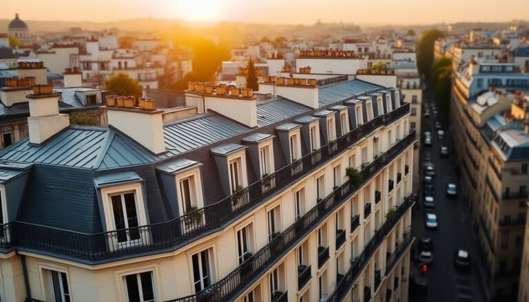 Immeubles haussmanniens parisiens au coucher de soleil, illustration du marche immobilier francais 2026