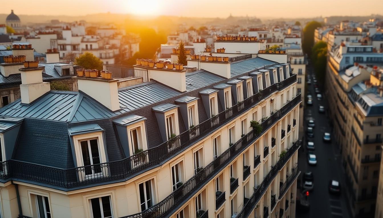 Immeubles haussmanniens parisiens au coucher de soleil, illustration du marche immobilier francais 2026