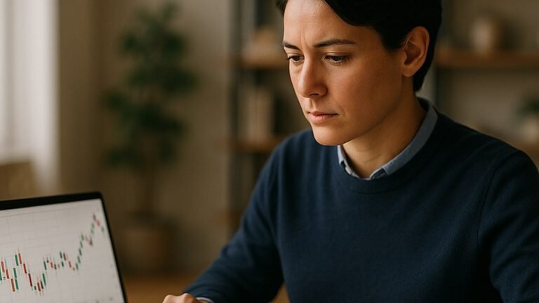 Investisseuse concentree sur sa declaration de revenus financiers devant son ordinateur