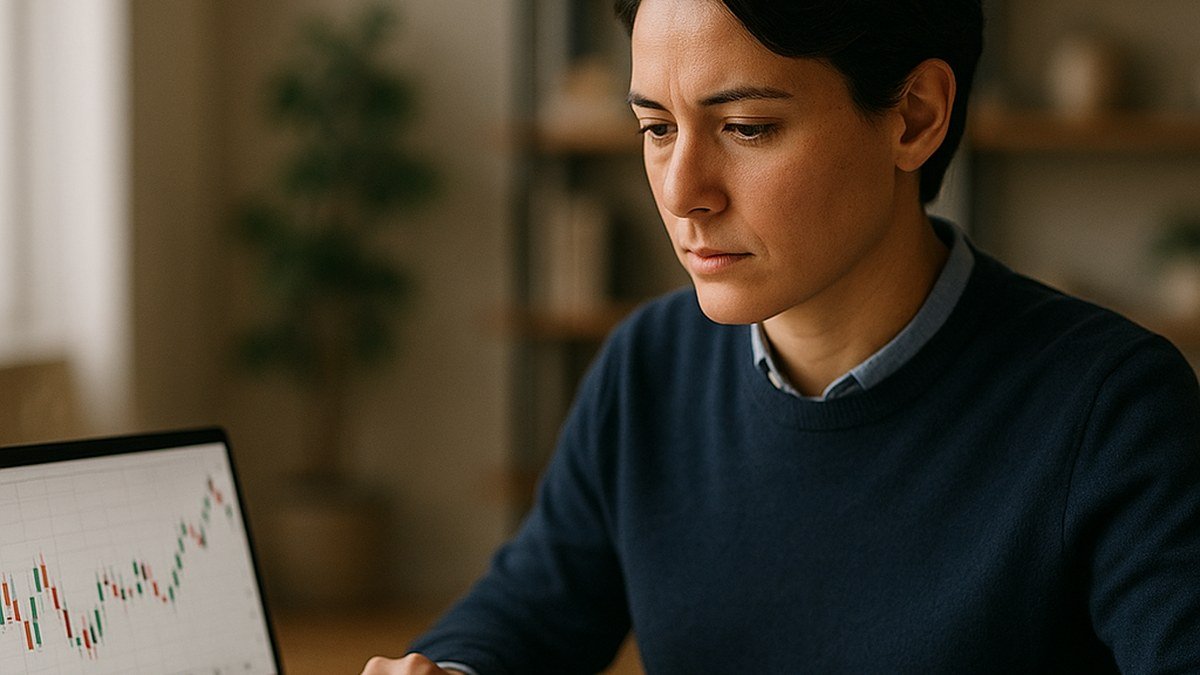 Investisseuse concentree sur sa declaration de revenus financiers devant son ordinateur