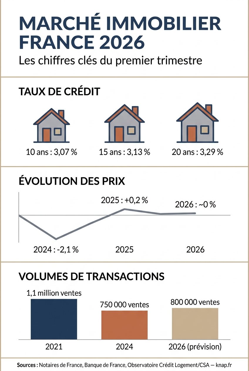 Infographie marché immobilier France 2026 : taux de crédit par durée, évolution des prix sur 3 ans, volumes de transactions depuis 2021. Sources Notaires de France, Banque de France, Observatoire Crédit Logement/CSA.
