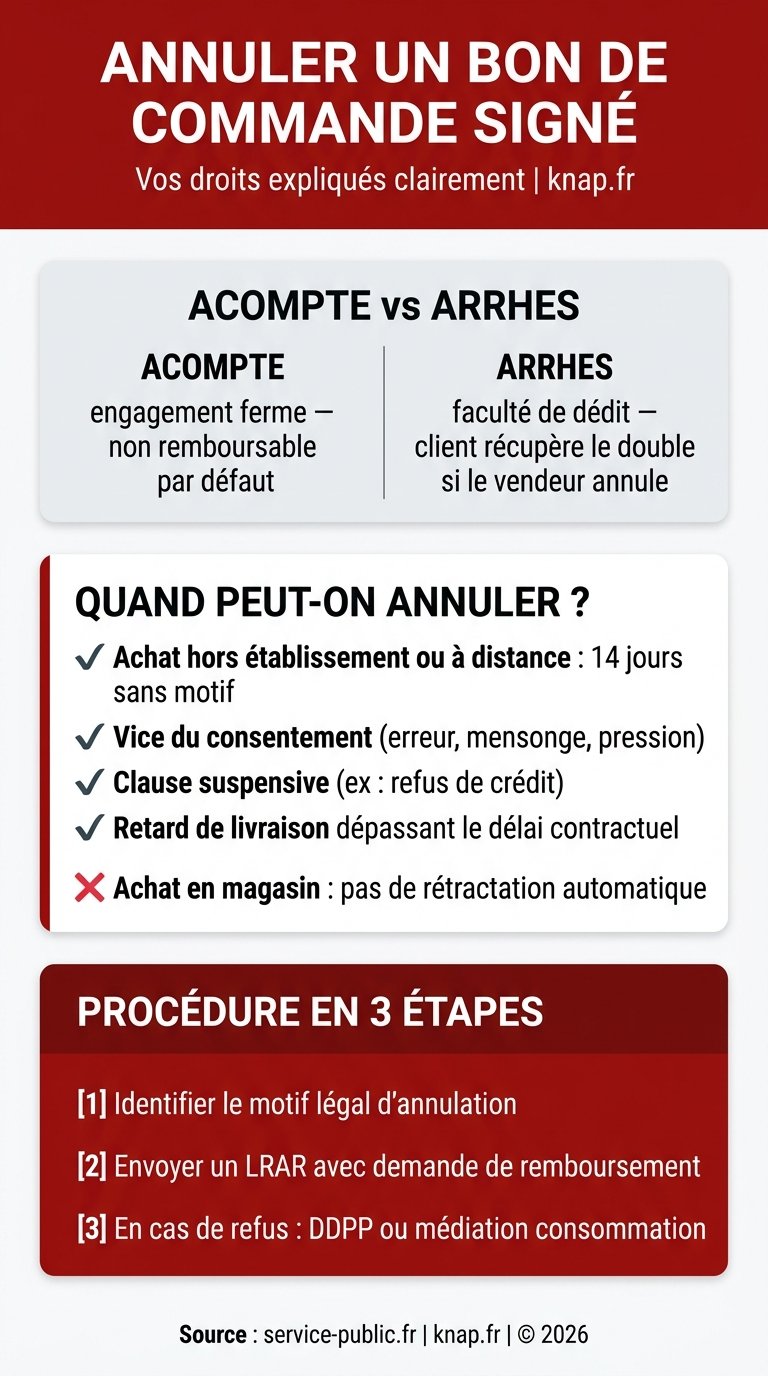 Infographie annuler bon de commande signé avec acompte - droits du consommateur