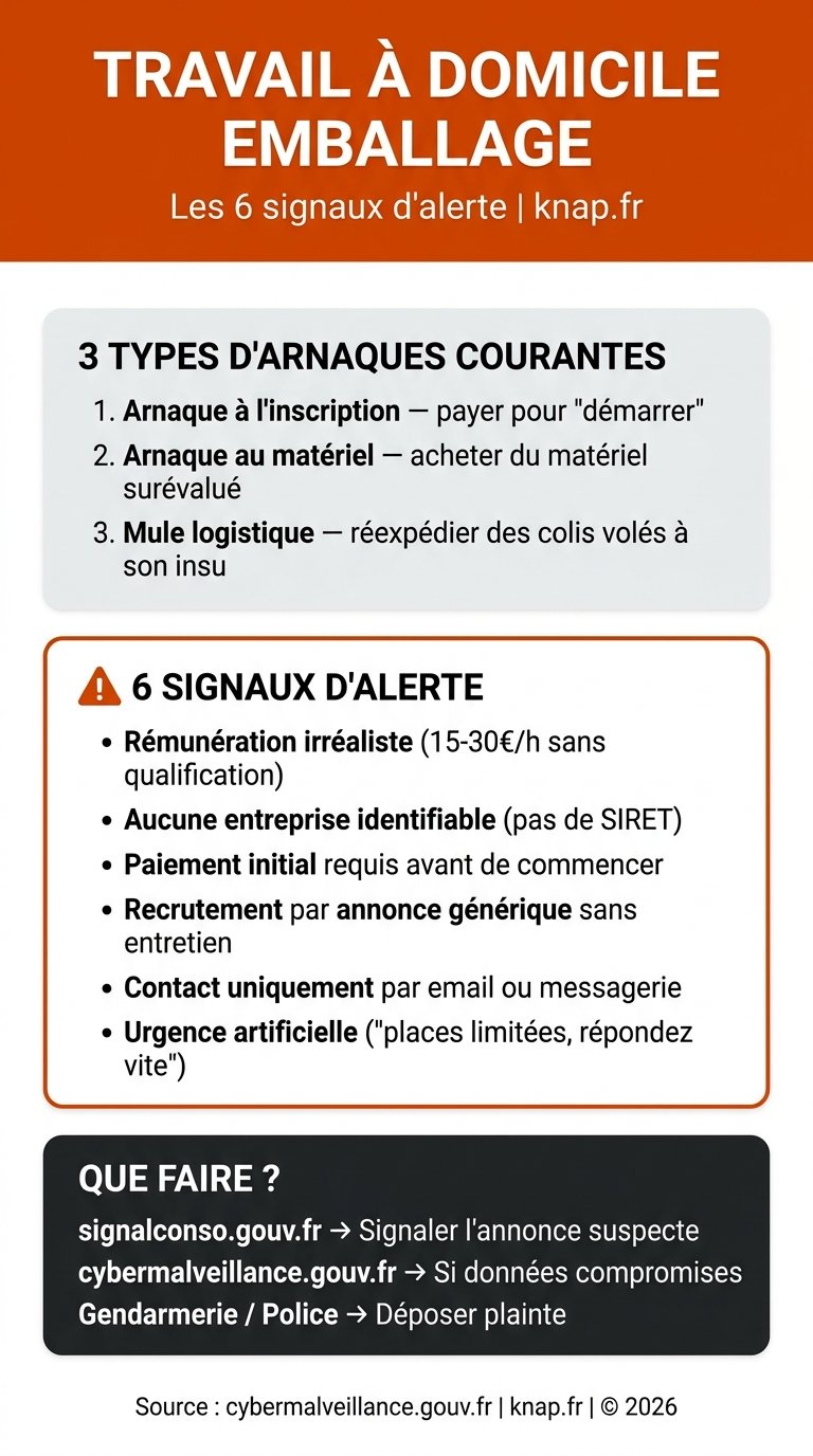 Infographie travail à domicile emballage - arnaques courantes et signaux d'alerte