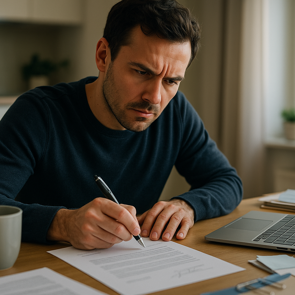Personne examinant un bon de commande signé pour préparer une demande d'annulation