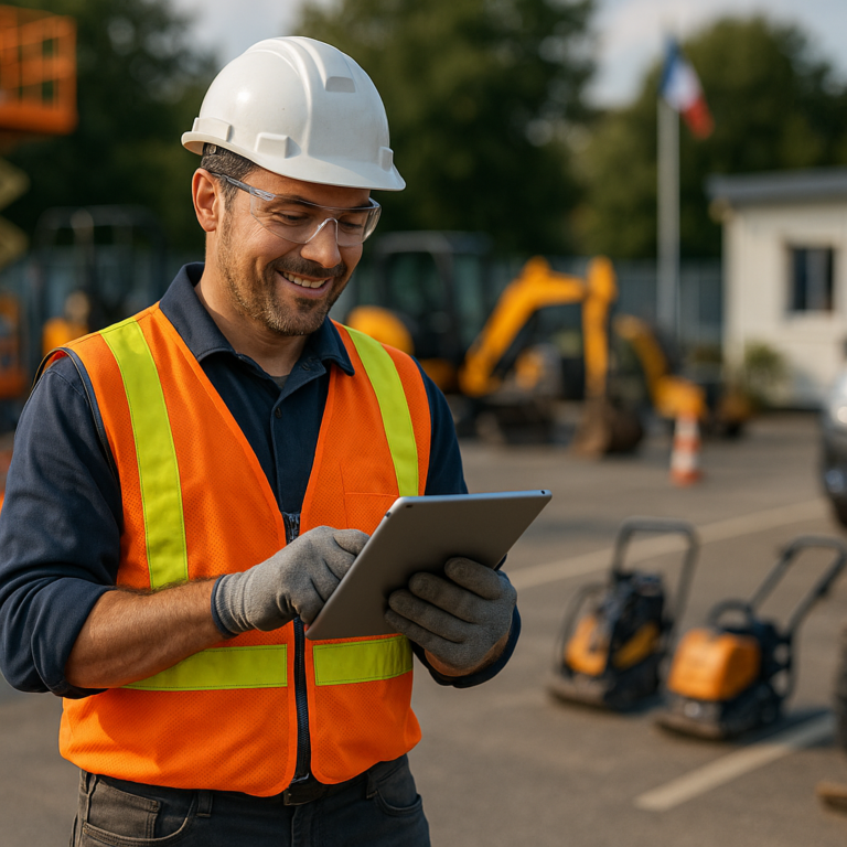 Salarié Loxam en tenue de sécurité consultant les avantages du CE sur tablette