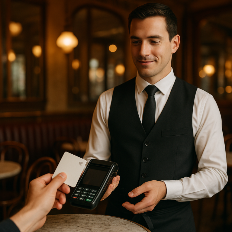 Serveur de café parisien recevant un pourboire tips sur terminal de paiement