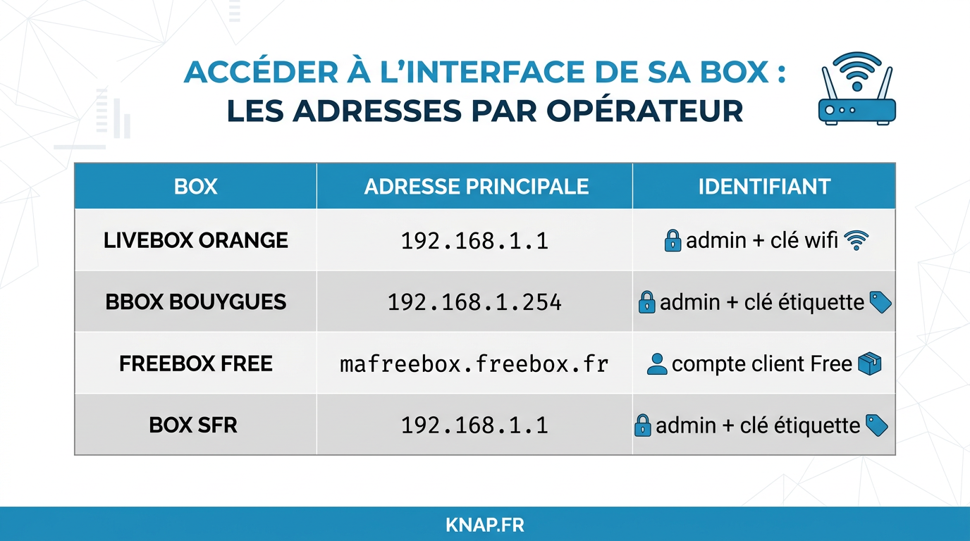 Tableau des adresses IP pour acceder a l interface de la Livebox, Bbox, Freebox et box SFR