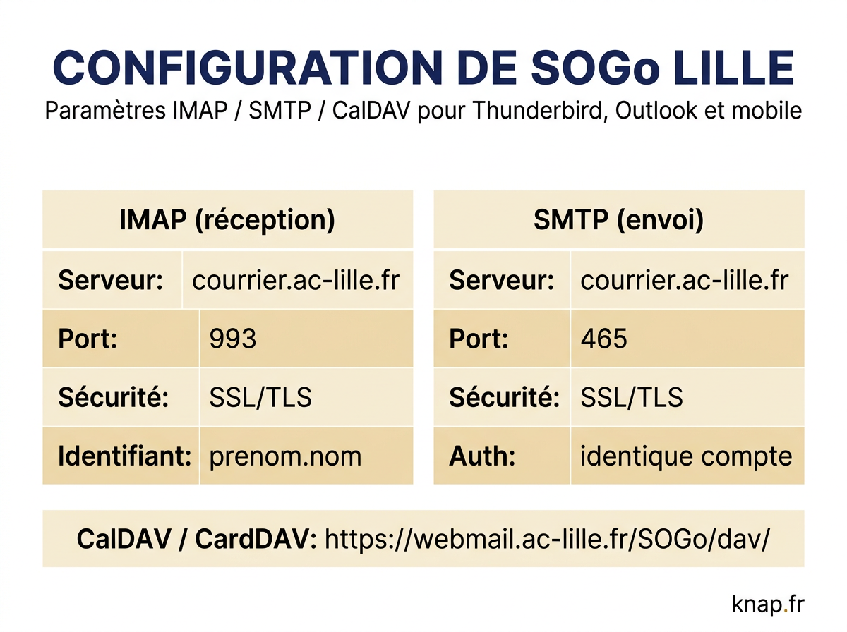 Infographie des parametres IMAP SMTP et CalDAV pour configurer SOGo Lille sur Thunderbird Outlook et mobile