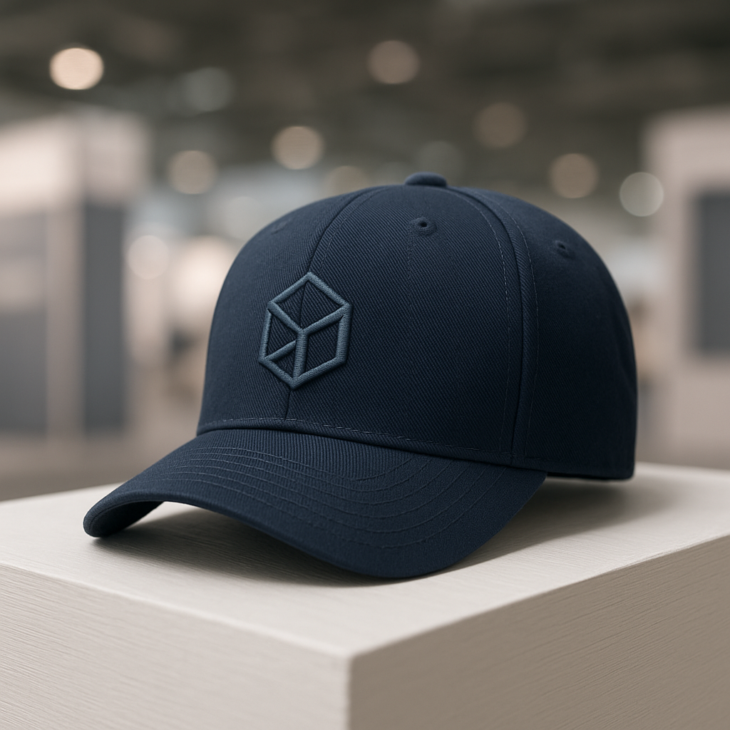 Casquette publicitaire personnalisee bleu marine avec logo brode, presentee sur stand B2B de salon professionnel