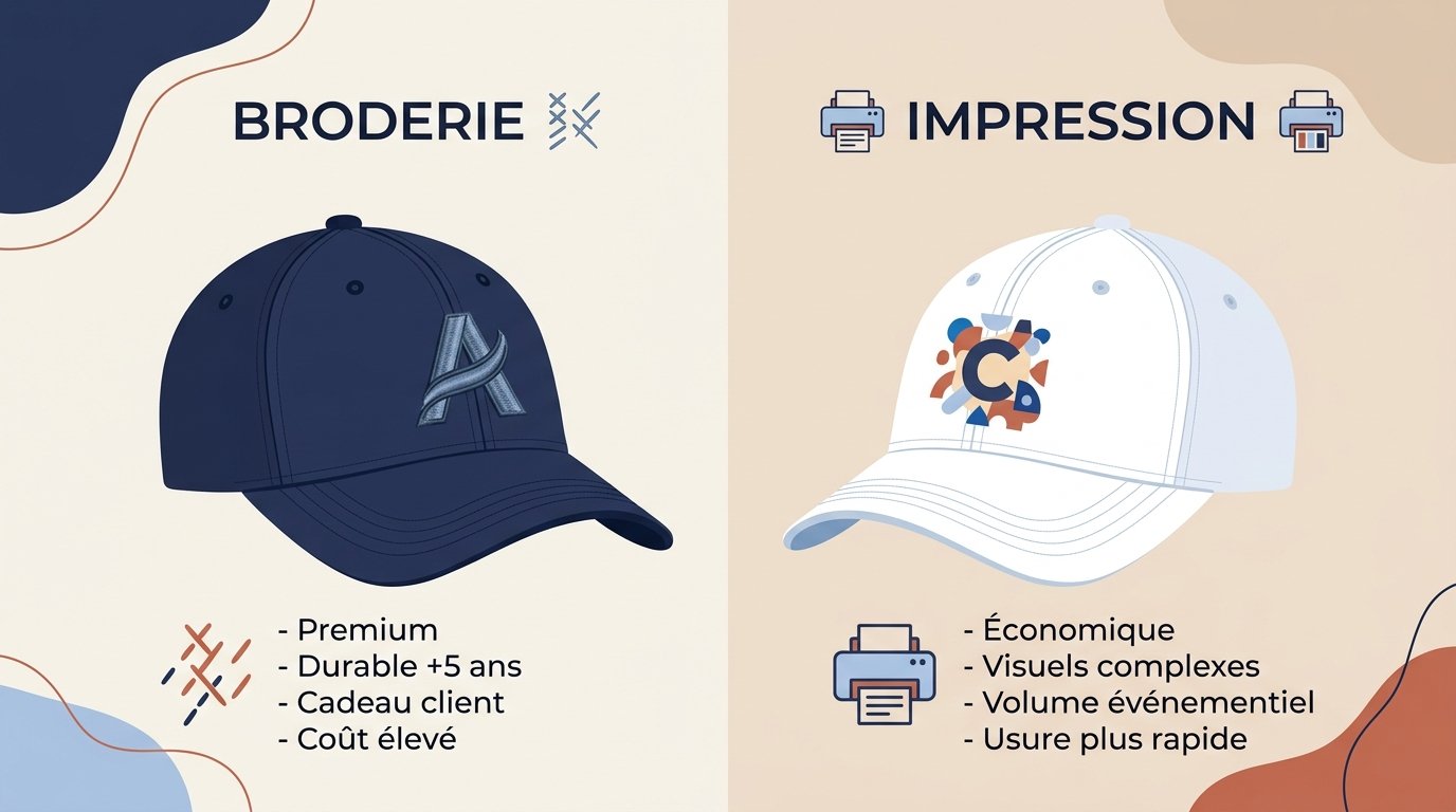 Infographie comparative entre casquette publicitaire brodée et casquette imprimée, critères B2B