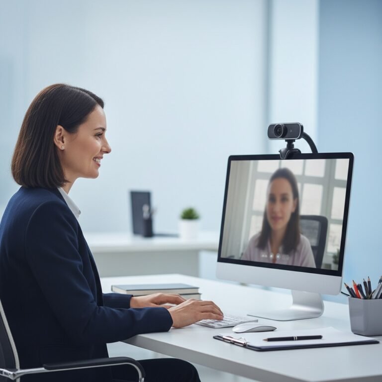 Recruteuse menant un entretien d'embauche en visioconférence avec une webcam professionnelle à hauteur des yeux